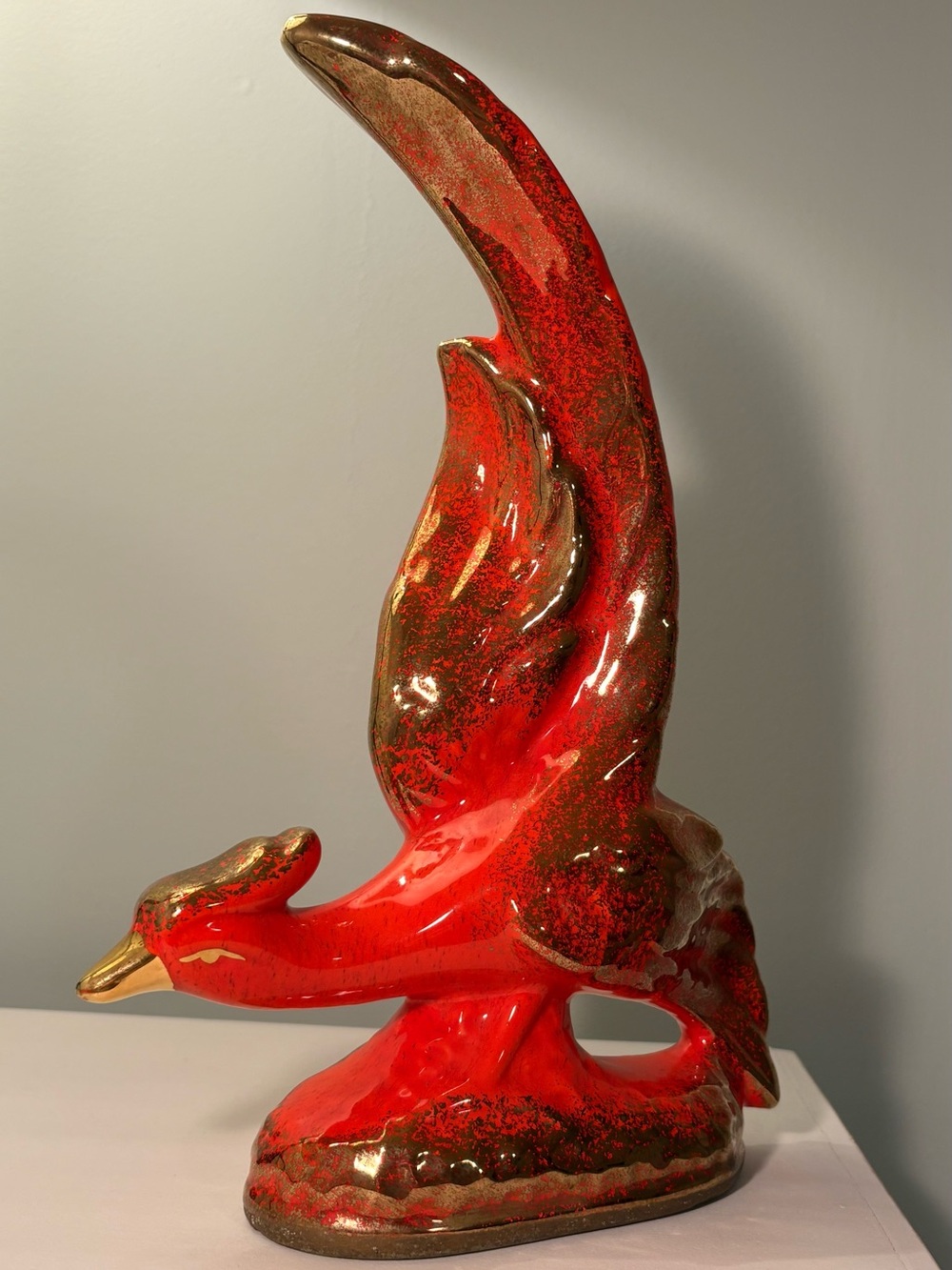 Orange & Gold Ceramic Phoenix, Vintage Mid Century Sculpture, Cute & Quirky